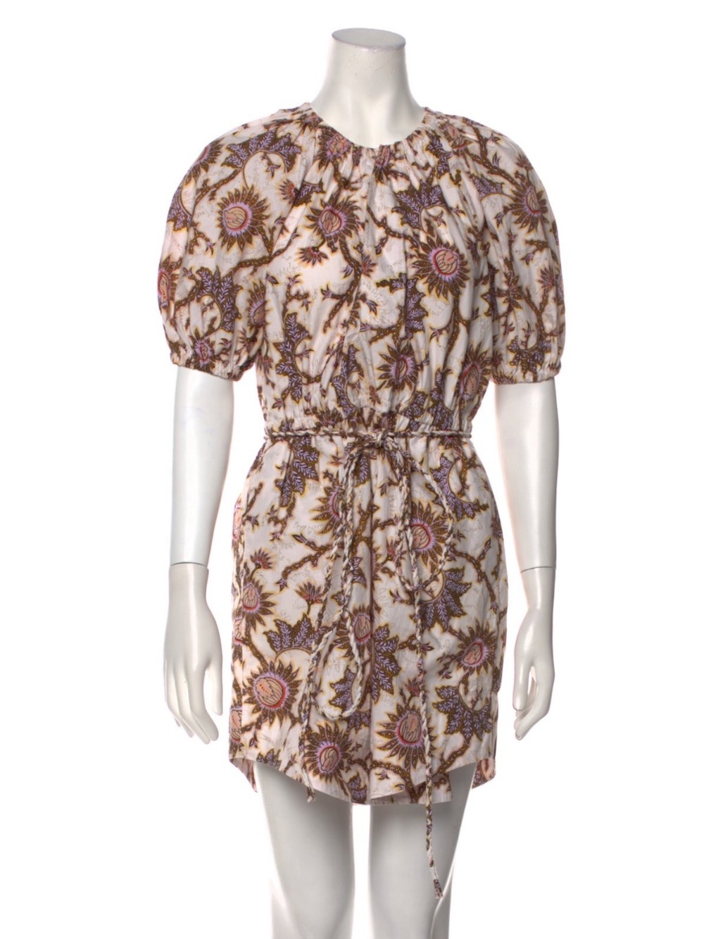 A.L.C. Floral Drawstring Puff-Sleeve Mini Dress - White, Brown, Purple